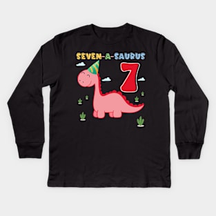 Dinosaur Funny b-day 7th Birthday Gift For Girls kids Kids Long Sleeve T-Shirt